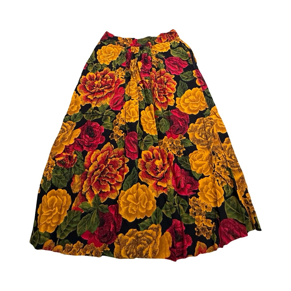 Jones New York Skirt Womens 28x30 Black Floral Pleated Rayon Maxi Cottagecore